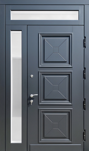 Входная термодверь с остеклением сбоку и сверху и панелями МДФ с багетом серого цвета