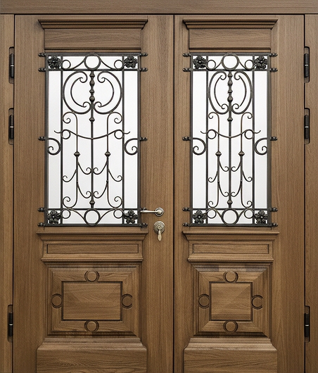 Металлическая парадная термодверь с ковкой, стеклом и массивом дерева Металлическая парадная термодверь с ковкой, стеклом и массивом дерева