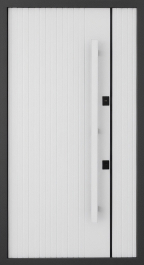 Входная полуторная дверь с длинной ручкой и панелями серого и белого цвета Входная полуторная дверь с длинной ручкой и панелями серого и белого цвета